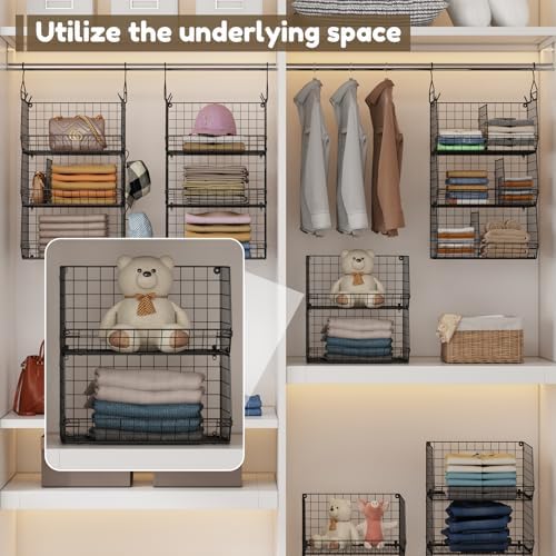 Jautokerdar 4 Tier Hanging Closet Organizer with Dividers,Extra Large Storage Hanging Shelf with 5 S Hooks 4 Dividers,Hang on Wire Closet Shelving Clothes Organizer-Black - Image 5