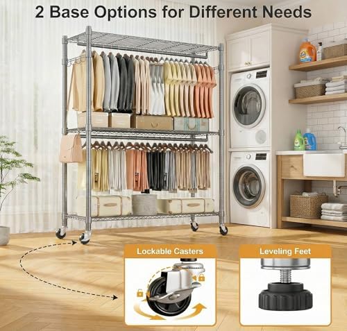 Homdox Rolling Clothes Rack Heavy Duty, 3-Tier Adjustable Wire Shelving Garment Organizer with Double Rods & Hooks, Portable Clothes Rack with Wheels, 17.72" D x 47.24" W x 80.71" H, Grey - Image 6