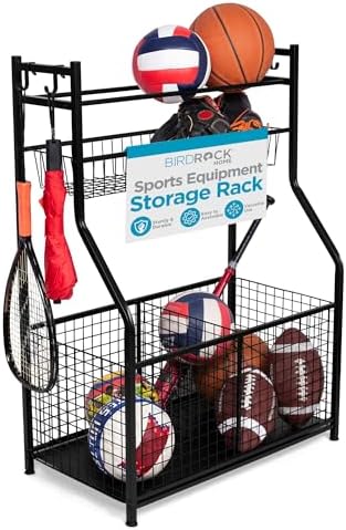 BIRDROCK HOME Sports Equipment Ball Organizer 43"H for Garage -Storage Rack - Baseball, Tennis, Football, Gym Gear - Wide Bin Basket - 4 Hooks - Kids Toy Holder - Hockey Stick Cage | Indoor - Outdoor by BIRDROCKHOME