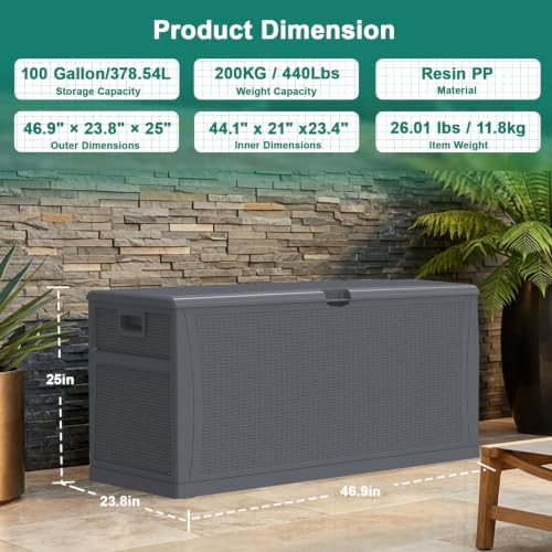 EHHLY 121 Gallon Outdoor Storage Box Large, Lockable Outside Storage Containers Waterproof Patio Cushions Deck Boxes, Rattan Plastic Garden Hose Boxes Resin Pool Storage Bins, Grey - Image 3