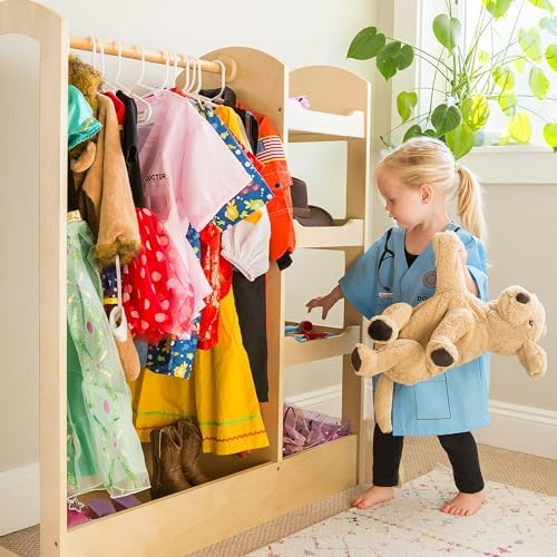 Guidecraft See and Store Dress-up Center – Natural: Armoire for Kids with Mirror & Shelves, Clothes Rack and Shoe Storage Dresser with Bottom Tray - Toddlers Room Furniture by Unknown