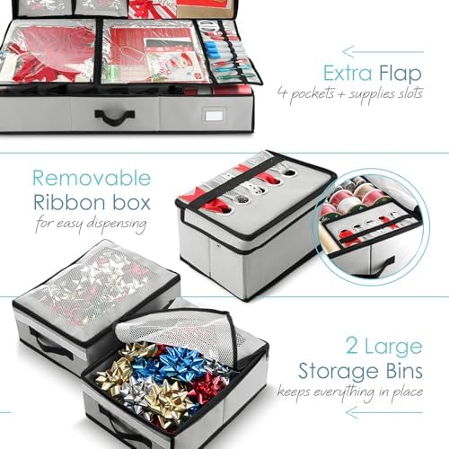 Hearth & Harbor Wrapping Paper Storage Container with Ribbon Dispenser and Interior Pockets - Large Christmas Storage Containers with Wheels, Fits 30 Rolls of 40" Length, Silver - Image 4