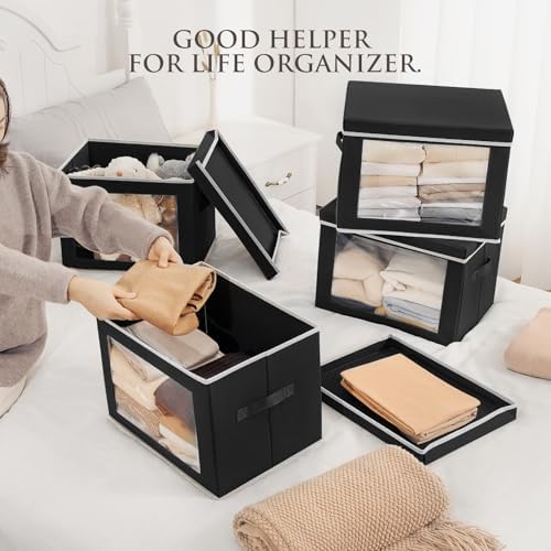 Homsorout Stackable Storage Bins with Lids - Large Decorative Basket with Lids, Fabric Foldable Closet Organizer Bins, Shelf Organizer for Living Room, Dorm, 5 Pack, Black - Image 2