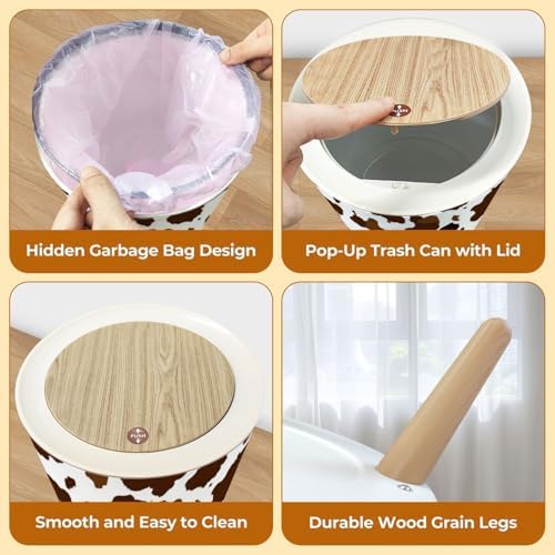 Trash Can with Lid Cow Skin Seamless Print Animal Hide Brown Spots White Mammals Fur Small Garbage Can with Legs Waste Bin Press Cover Wastebasket for Kitchen Bathroom Living Room 7L/1.8 Gallon - Image 4