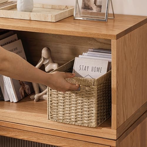 UBBCARE 4 Pack Wicker Basket, 13.4L×8.3H×7.1W inch Woven Paper Rope Storage Baskets for Shelves, Foldable Rectangular Storage Baskets with Handle, Storage Basket for Organizing, Natural - Image 5