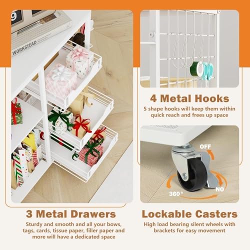 Wrapping Paper Organizer Storage with Wheels, Rolling Gift Wrap Cart with Ribbon and Gift Bag Storage, Craft Organization with 20 Roll Holders and 3 Drawers, White - Image 4