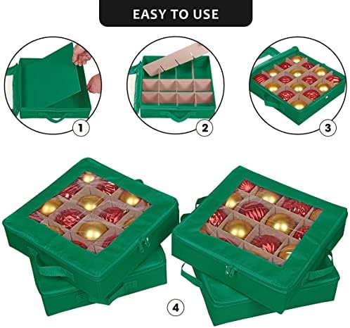 ProPik 4 Pcs Christmas Ornament Storage Boxes with Dividers | 4 Individual Trays Hold 64 Holiday Decoration Balls | Durable Ornaments Organizer Storage Box | Zippered Closure with Handles (Green) - Image 3