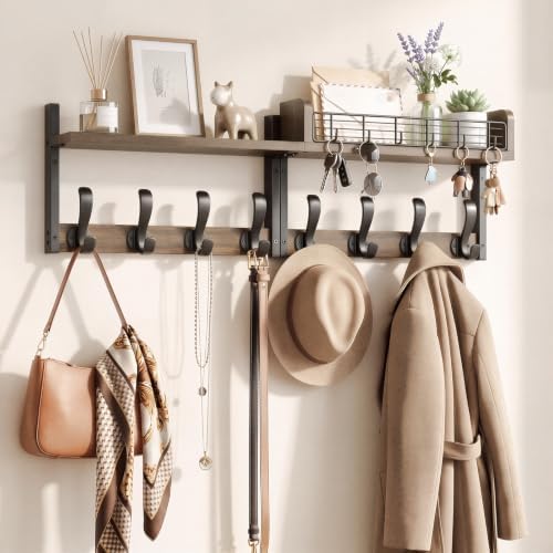 Delamu 32" Coat Rack with Shelf, 4 in 1 Coat Hanger Wall Mount with Shelf, Wooden Entryway Wall Organizer with Hooks, Brown by DELAMU