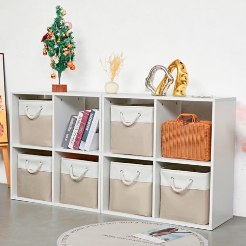 MidmmVick 12 x 12 Inch Cube Storage Bins, 6 Pack Large Collapsible Fabric Storage Bin with Ropes, Foldable Storage Cubes for Home, Office,Closet, Clothes, Toys Organizer (White & Beige) - Image 6