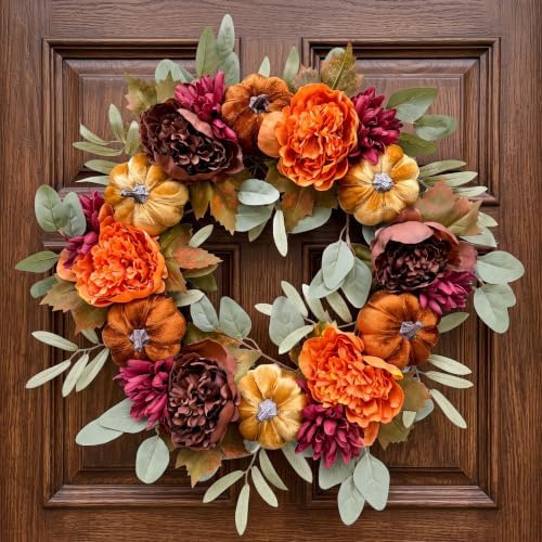 26 Inch Fall Wreaths for Front Door, Velvet Pumpkin Wreath by Presentastic