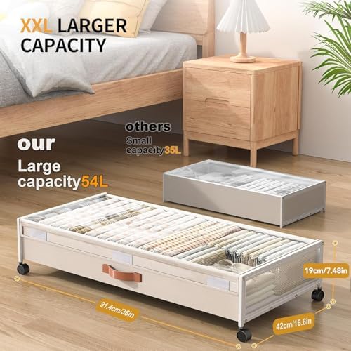Under Bed Storage Containers with Wheels Large Underbed Shoes Blankets Clothes Toy Storage Drawers for College Dorms Bedrooms Nursery Rooms Organization (White 2 Pack, 7.5in height(36"x16.6"x7.48")) - Image 2