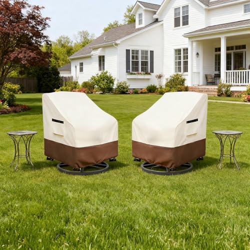 Patio Chair Covers 2 Pack,Swivel Lounge Chair Cover,Waterproof Heavy Duty Patio Furniture Covers for Outdoor Swivel Lounge Chair(30 W x 34 D x 38.5 H inches) Beige & Brown - Image 6