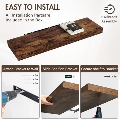 Acovy 40 Inch Floating Shelves, 12" Deep Floating Shelf Wall Mounted, 40" Wall Shelves, Rustic Deep Bookshelf, Extra Deeper & Thicker Display Shelves for Bedroom, Living Room, Brown, Set of 2 - Image 6