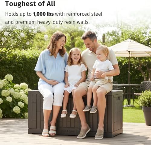 EAST OAK 120 Gallon Outdoor Storage Box | Large Resin Deck Box with Reinforced Stainless Steel Support | Waterproof & UV-Resistant Patio Storage Box for Cushions, Garden Tools & Accessories, Grey - Image 3