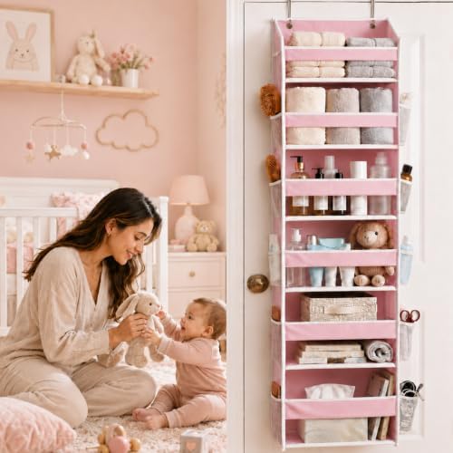 HOMELUX THEORY Over the Door Organizer, 6-Tier, 100D Fabric, Baby Pink 2pc - Image 6