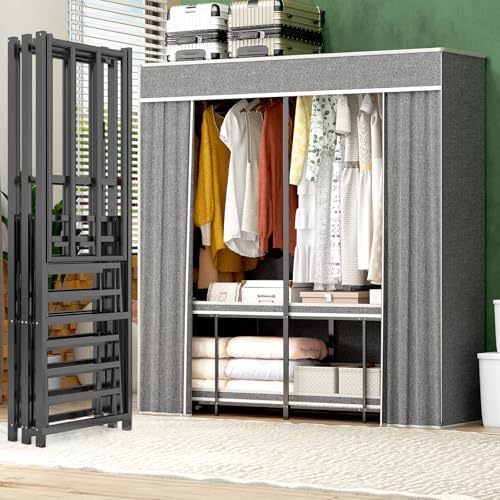 Umeiga Heavy Duty Portable Closet with Cover 1200Ibs Foldable Covered Clothes Rack for Hanging Armoire Wardrobe Closet System Freestanding Coat Storage Garment Racks (150cm/59in Gray) - Image 4