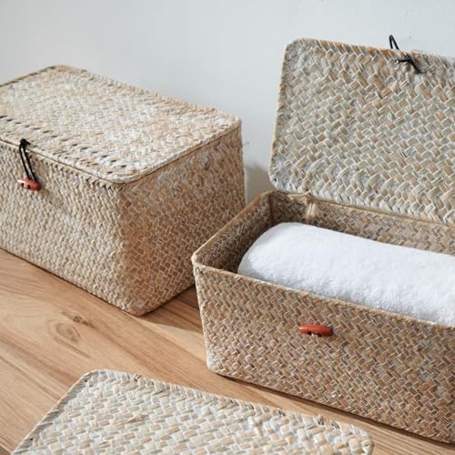 4 Pack, Wicker Baskets with Lids, Natural Seagrass Storage Baskets, Woven Rectangular Basket Bins, Rattan Storage Organizer for Shelf (Whitewashed, Set of 4) - Image 5