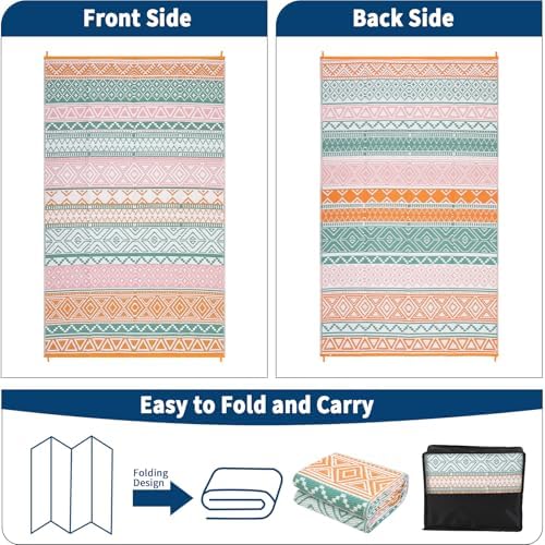 Outdoor Patio Rug 10x20 Outdoor Rug Boho Plastic Straw Rugs for Patio Reversible Mat Waterproof Camping Rugs for RV Beach Deck Picnic Backyard Porch Easy Clean Floor Cover, Orange Pink - Image 3
