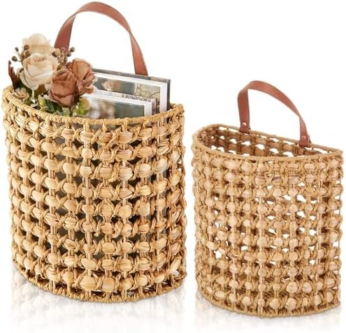Chunful 2 Pcs Water Hyacinth Hanging Wicker Basket, Natural Wicker Decorative Baskets, Handmade Woven Storage Organizer for House Garden Wedding Wall Decorations, Large & Small Size(Classic Plaid) by Chunful