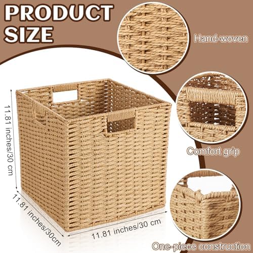 Newtay 6 Pcs Wicker Storage Baskets 11.8 x 11.8 in Cube Storage Bin Organizer Camel Square Foldable Wicker Baskets for Shelves Organizing Decor Laundry Pantry Toys - Image 2