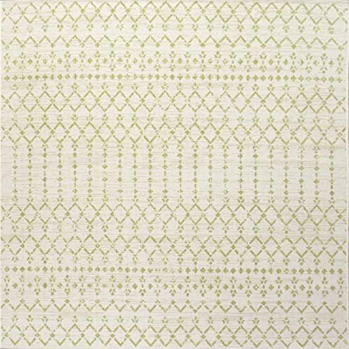 Eyely Moroccan Woven Square Rug 5X5 Cream/Green, Indoor Outdoor Rug - Image 3