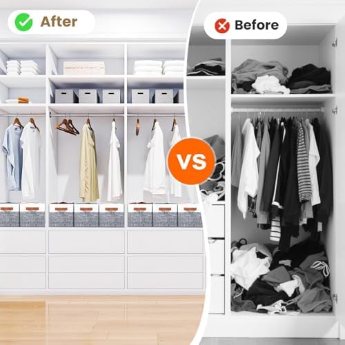 Fab totes Collapsible Storage Baskets for Shelves,14"x10", 8 Pack Foldable Fabric Storage Bins with Double Leather Handles, Large Baskets for Organizing Books, Clothes, White & Grey - Image 7