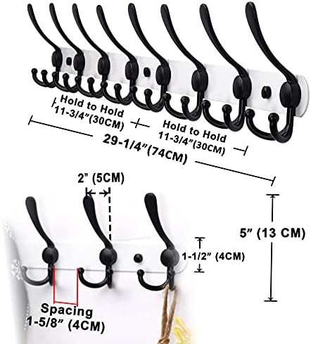 Dseap Coat Rack Wall Mount - 29.5” Long 8-Tri-Hooks Heavy Duty Coat Hanger Rail Wall Hooks for Hanging Coats Hats Clothing Clothes Purse Mudroom Entryway, White & Black - Image 6