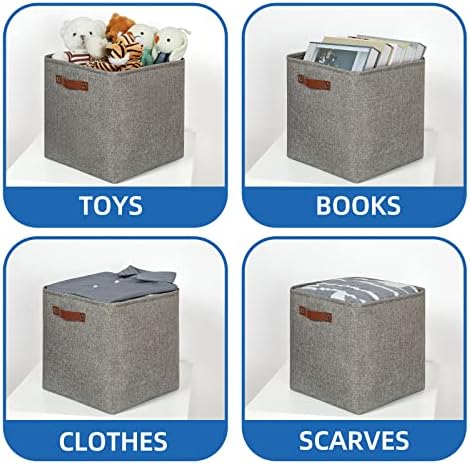 Temary Storage Baskets 13 Inch Fabric Storage Cubes for Shelves Set of 4 Storage Cube Bins for Home, Office, Storage Organizers for Toys with Leather Handles(Grey) - Image 4