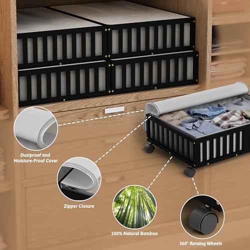 MHXW SXPN 2 Pack Bamboo Under Bed Storage Containers with Wheels, Black - Image 2