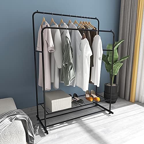 Double Rail Clothes Rack Metal Garment Rack with 2-Tier Bottom Shelves Portable Space-Saving Hanger Hanging, Black - Image 4