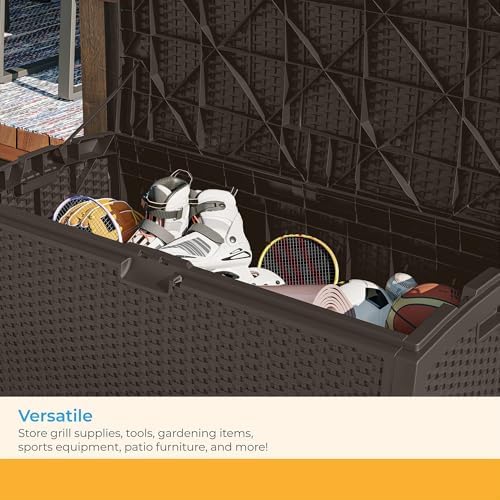 Suncast 99 Gal Wicker Resin Deck Box, Storage Chest Bin with Handles, Java - Image 6