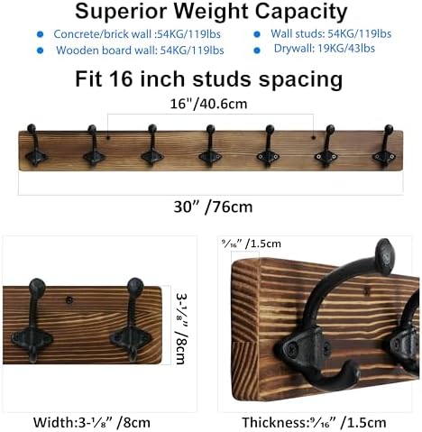 WEBI Rustic Coat Rack Wall Mount,30" Long 7 Cast Iron Coat Hooks Wall Mounted,Heavy Duty Farmhouse Wood Coat Hanger Wall Antique Vintage Hooks for Hanging Jacket,Clothes,Backpack,Brown - Image 3