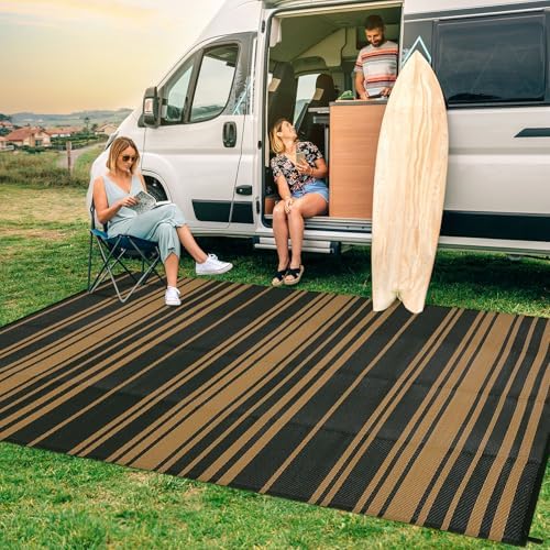 Outdoor Plastic Straw Rug 9x18 Waterproof Outside Rug, Large Modern Striped Reversible Floor Mats, Foldable & Lightweight Camping Carpet for Patio, Porch, Deck, Backyard, Balcony, Black Brown - Image 3