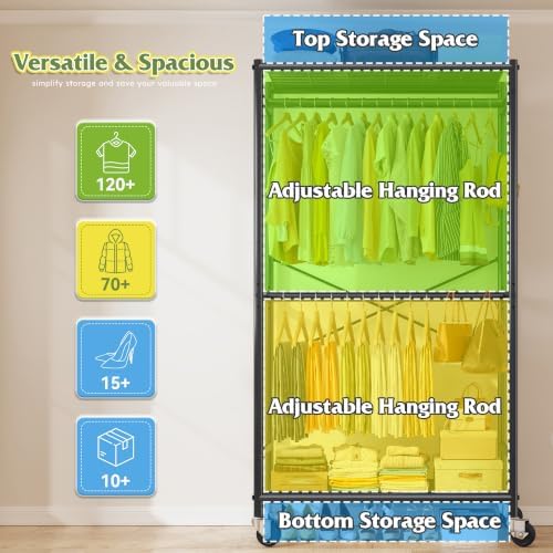 Raybee Clothes Rack, Rolling Portable Closet with Wheels, Double Rod 308LBS - Image 3