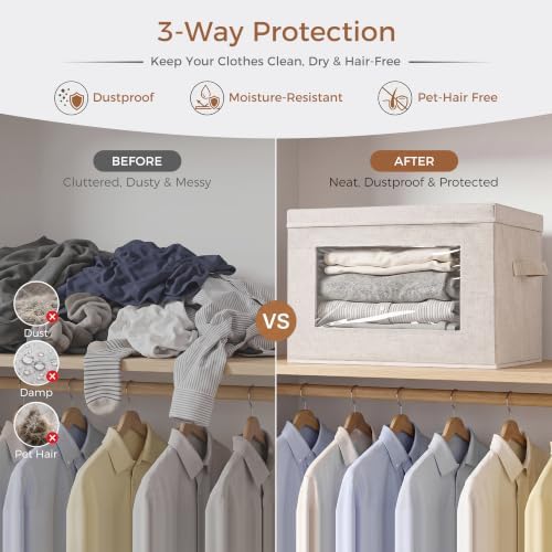 4-Pack 15" Fabric Storage Bins with Lids, Closet Organizers and Storage Boxes with Clear Window, Foldable Clothes Baskets for Blankets, Beige - Image 6