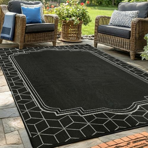 wikiwiki Outdoor Rug, 9x18ft Waterproof Reversible Mat Indoor Outdoor Rugs Carpet, Small Area Rug Plastic Straw Rug for Patio Deck Balcony Pool RV Camping Beach Picnic, Black, Rugscape Series by WikiwikiPatioUmbrellas