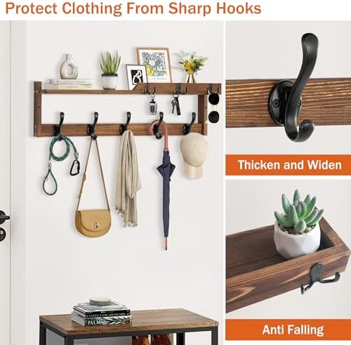 29'' Coat Rack Wall Mount with Shelf, Coat Hanger Wall Mount with Key Hooks and Mail Holder, Wood Entryway Floating Shelf with Hooks and Storage, Hat Rack for Wall Key Holder Mail Organizer - Image 3