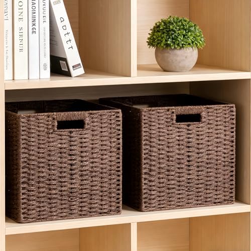 UBBCARE 3 Pack Wicker Basket, 11L×11H×10.5W inch Woven Paper Rope Storage Baskets for Shelves, Foldable Cube Storage bin with Handle, Storage Basket for Organizing & Decor, Brown - Image 5