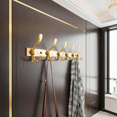 Dseap Coat Rack Wall Mount 24 Inch, Heavy Duty 12-Gauge Base vs Flimsy 1mm, Double-Thick Solid Anti-Snap Hooks, Stainless Steel 6-Hook Hanger for Clothes Hat Closet Entryway, Gold, Pack of 2 - Image 4