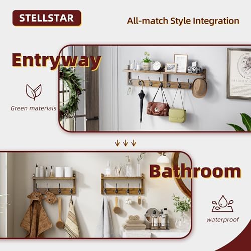 STELLSTAR Coat Rack with Shelf Wall Mount, Entryway Bamboo Hanging Shelf, Set of 2, Wall Hook Rail for Hallway Décor, Storage Clothe, Hat, Robe, Key, Dog Leash (Walnut) - Image 6
