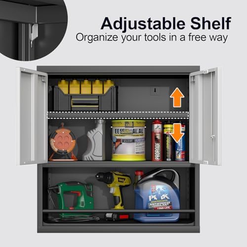 GREATMEET 31" H Metal Garage Storage Cabinets with Doors and Shelves, Lockable Storage Cabinet with Lock, Hanging Cabinets for Wall, Wall Mount Cabinet for Utility Room, Black&Grey - Image 6