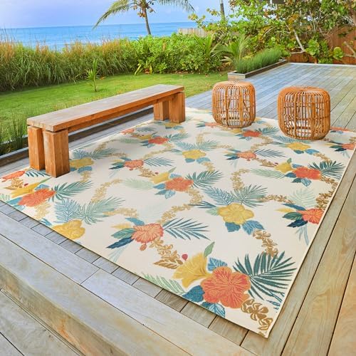 Gertmenian Reyn Spooner Kona Coast Fresco Hawaiian Tropical Rugs - 5x7 Standard, Washable, Stain & UV Resistant Indoor Outdoor Area Rug - Green Ivory Orange Yellow, Laka, 46764 - Image 2