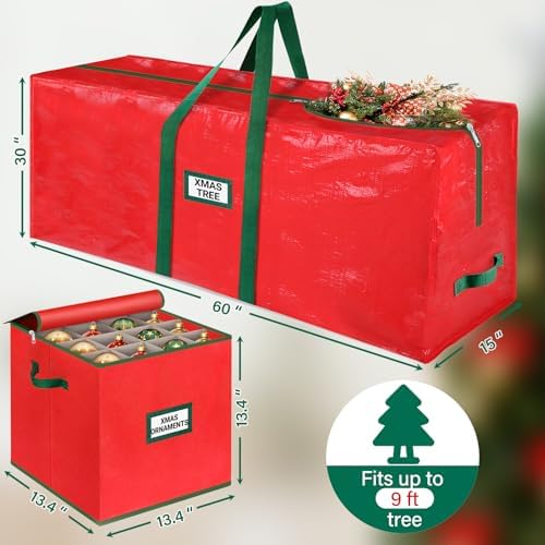 StorageRight Christmas Tree Bag & Ornament Storage Box 2Pcs Set, Waterproof 9 Ft Tree Storage & 64-Compartment Organizer with Dividers, Tag Pockets & Handles, Heavy-Duty Xmas Decor Containers, Red - Image 2
