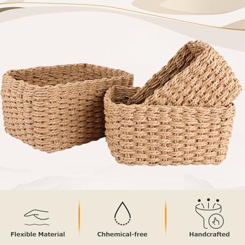 ASelected Wicker Storage Baskets,Woven Paper Rope Storage Boxes Bins,Large Storage Cubes Baskets Organizer For Cupboards Drawer Closet Shelf Dresser, Set Of 3 (Desert) - Image 3