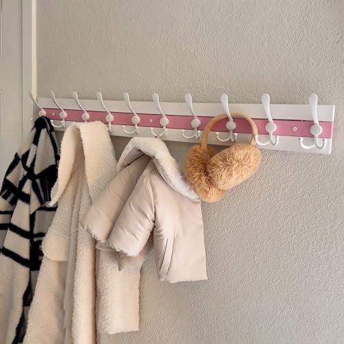 SKOLOO Coastal Wall Mounted Coat Rack - 38-1/8" Beach House Entryway Wooden Coat Hook with 10 Hooks for Hanging Coats, Hats or Towels, Oceanfront Cottage Core Collection, White & Palm Beach Pink - Image 3