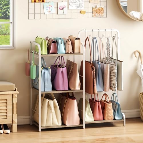 Purse Organizer for Closet, Large Capacity Purse Rack with 2 Purse Hangers and 5 Purse Hooks for Bag Organizer, Freestanding 3-Tier Handbag Organizer for Purse Storage, Ironwood Purse Holder, White - Image 5