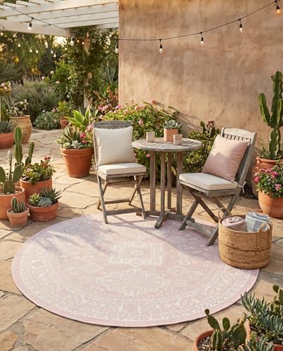 Rugs.com - Outdoor Aztec Rug – 5 Ft Round Pink Indoor/Outdoor Rug – Washable Flatweave Aztec Pattern for Patios, Decks, and Porches by Rugscom