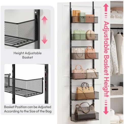 SWTYMIKI Over The Door Purse Organizer - Wall Mounted Purse Rack with 6 Adjustable Metal Basket, Hanging Bag Rack for Handbag Organizer, Bag Storage Can Use As 1/2 Part, for Door - Image 7