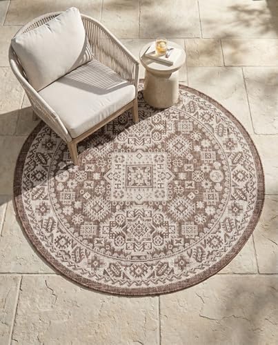 Rugs.com - Outdoor Aztec Rug – 4 Ft Round Brown Indoor/Outdoor Rug – Weather Resistant Flatweave for Patios, Decks, and Porches - Image 6