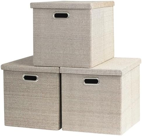 Storage Bins with Lids,13 x 13 Inch Foldable Fabric Cube Baskets Boxes Organizer for Closet, Shelves, and Home. (Khaki, (13x13) 3 pack) by EITMOW